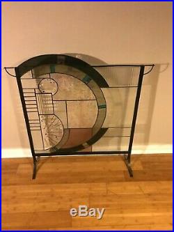 Frank Lloyd Wright Style Modern Stained Glass Panel with Stand GORGEOUS