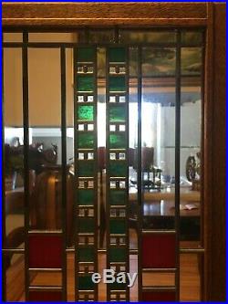 Frank Lloyd Wright Style Stained Glass Turquoise/Red/Orange 23 x 10 withStand