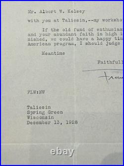 Frank Lloyd Wright TLS Signed Letter 1928 Taliesin Albert Kelsey Louis Sullivan
