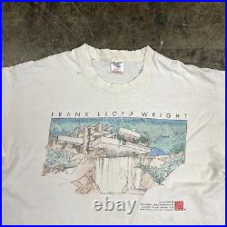 Frank Lloyd Wright USA Falling Water T-Shirt 90s Single Stitch Tee, White Large