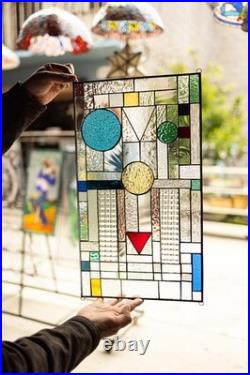 GEOMETRIC Frank Lloyd Wright Insprd Tiffany Style Stained Glass Window 21x12 AO