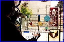GEOMETRIC Frank Lloyd Wright Insprd Tiffany Style Stained Glass Window 21x12 AO