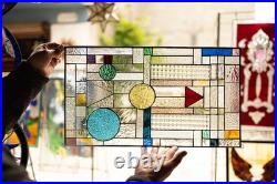 GEOMETRIC Frank Lloyd Wright Insprd Tiffany Style Stained Glass Window 21x12 AO