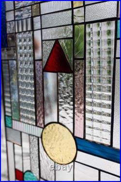 GEOMETRIC Frank Lloyd Wright Insprd Tiffany Style Stained Glass Window 21x12 AO