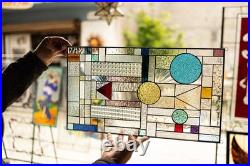 GEOMETRIC Frank Lloyd Wright Insprd Tiffany Style Stained Glass Window 21x12 AO