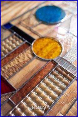 GEOMETRIC Frank Lloyd Wright Insprd Tiffany Style Stained Glass Window 21x12 AO