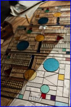 GEOMETRIC Frank Lloyd Wright Insprd Tiffany Style Stained Glass Window 21x12 AO