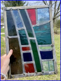 GORGEOUS STAINED GLASS PANEL Abstract Modern Geometric Frank Lloyd Wright Style