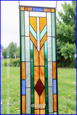 Geometric Frank Lloyd Wright inspired Stained Glass Window Panel -9.25 x 39