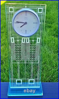 Impressive Etched Glass Mantel/Desk Clock, Bulova Frank Lloyd Wright Collection