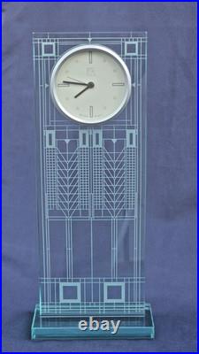 Impressive Etched Glass Mantel/Desk Clock, Bulova Frank Lloyd Wright Collection