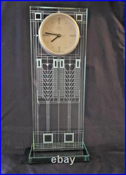 Impressive Etched Glass Mantel/Desk Clock, Bulova Frank Lloyd Wright Collection