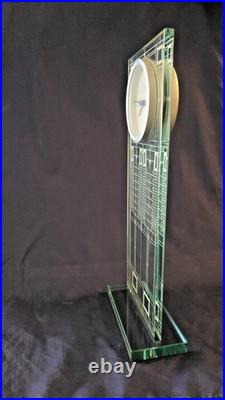 Impressive Etched Glass Mantel/Desk Clock, Bulova Frank Lloyd Wright Collection