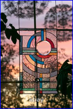 MOON RISE Frank Lloyd Wright Insprd Tiffany Style Stained Glass Window 21x12 In