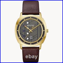 New Bulova Mens Frank Lloyd Wright Hollyhock Brown Leather Watch 39 MM 97A173