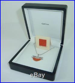 Ortak Sterling Silver Orange Enamel Pendant Necklace Frank Lloyd Wright Art Deco