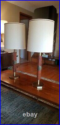 Pair Mid Century Modern Teak Octagonal Lamps Frank Lloyd Wright Look MCM 1960s