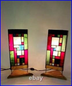 Pair Of Frank Lloyd Wright Inspired MID Century Modern Stained Glass Wood Lamps