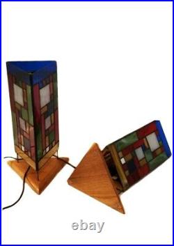 Pair Of Frank Lloyd Wright Inspired MID Century Modern Stained Glass Wood Lamps