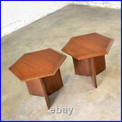 Pair Walnut Stained Hexagon Side Tables Style of Frank Lloyd Wright for Henredon