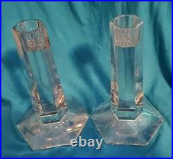 Pair of TIFFANY & CO. LEAD CRYSTAL GLASS SIGNED FRANK LLOYD WRIGHT CANDLESTICKS