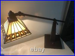 Stained Glass MCM Frank Lloyd Wright Styled Desk Lamp Brown Green Yellow Bronze
