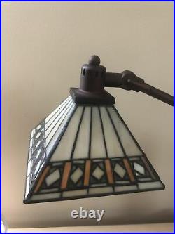 Stained Glass MCM Frank Lloyd Wright Styled Desk Lamp Brown Green Yellow Bronze