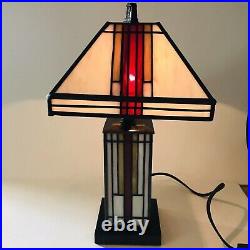 Stained Glass MCM Frank Lloyd Wright Styled Desk Side Lamp Red Yellow Marble