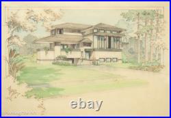 Stunning Architect Rendering aft Frank Lloyd Wright Color Pencil Drawing Signed