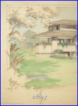 Stunning Architect Rendering aft Frank Lloyd Wright Color Pencil Drawing Signed