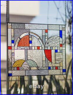 Tiffany Style Stained Glass Window Panel Frank Lloyd Wright Inspired Geometric