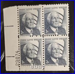 US Scott 1280 2c Frank Lloyd Wright Plate Block MISPERF Error Blind Perfs EFO