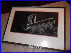 Vintage Scratchboard Art Framed Frank Lloyd Wright Style Architecture 24x17