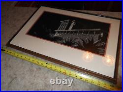 Vintage Scratchboard Art Framed Frank Lloyd Wright Style Architecture 24x17